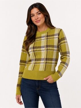 Tahari Olive Cream Plaid Crewneck Sweater Sz S